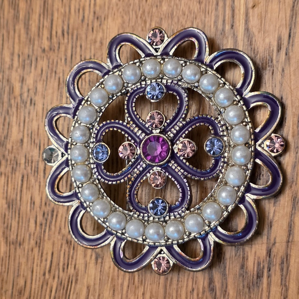 Purple Enamel Faux Pearl Rhinestone Mandala Brooch Silver Tone Pin 2"